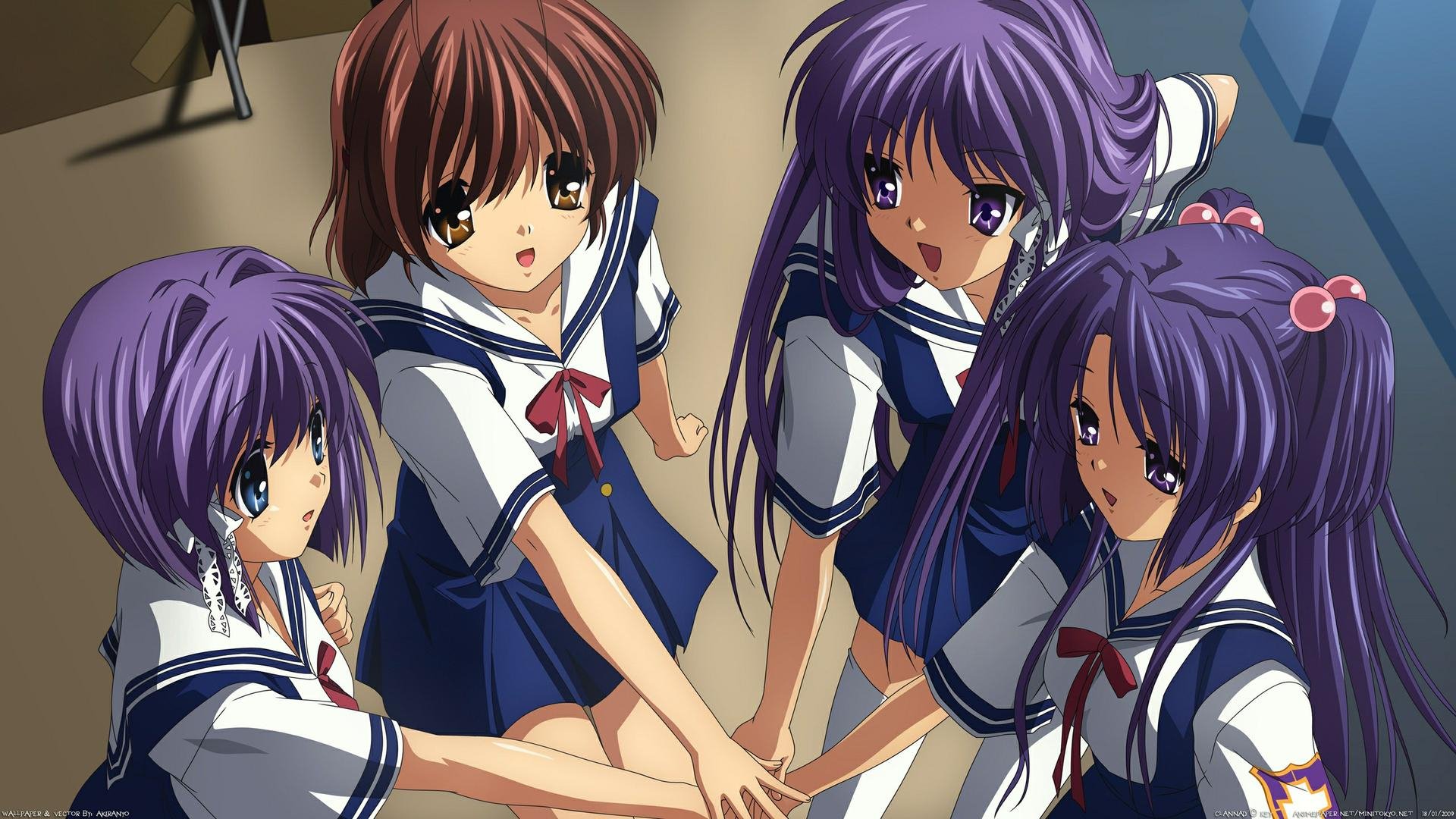 HD anime desktop wallpaper featuring Kotomi Ichinose, Ryou Fujibayashi, Kyou Fujibayashi, and Nagisa Furukawa from Clannad in school uniforms joining hands.