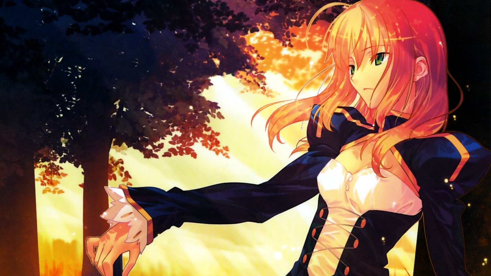 HD anime desktop wallpaper featuring Saber from Fate/Stay Night standing against a vibrant sunset backdrop with trees and warm light filtering through.