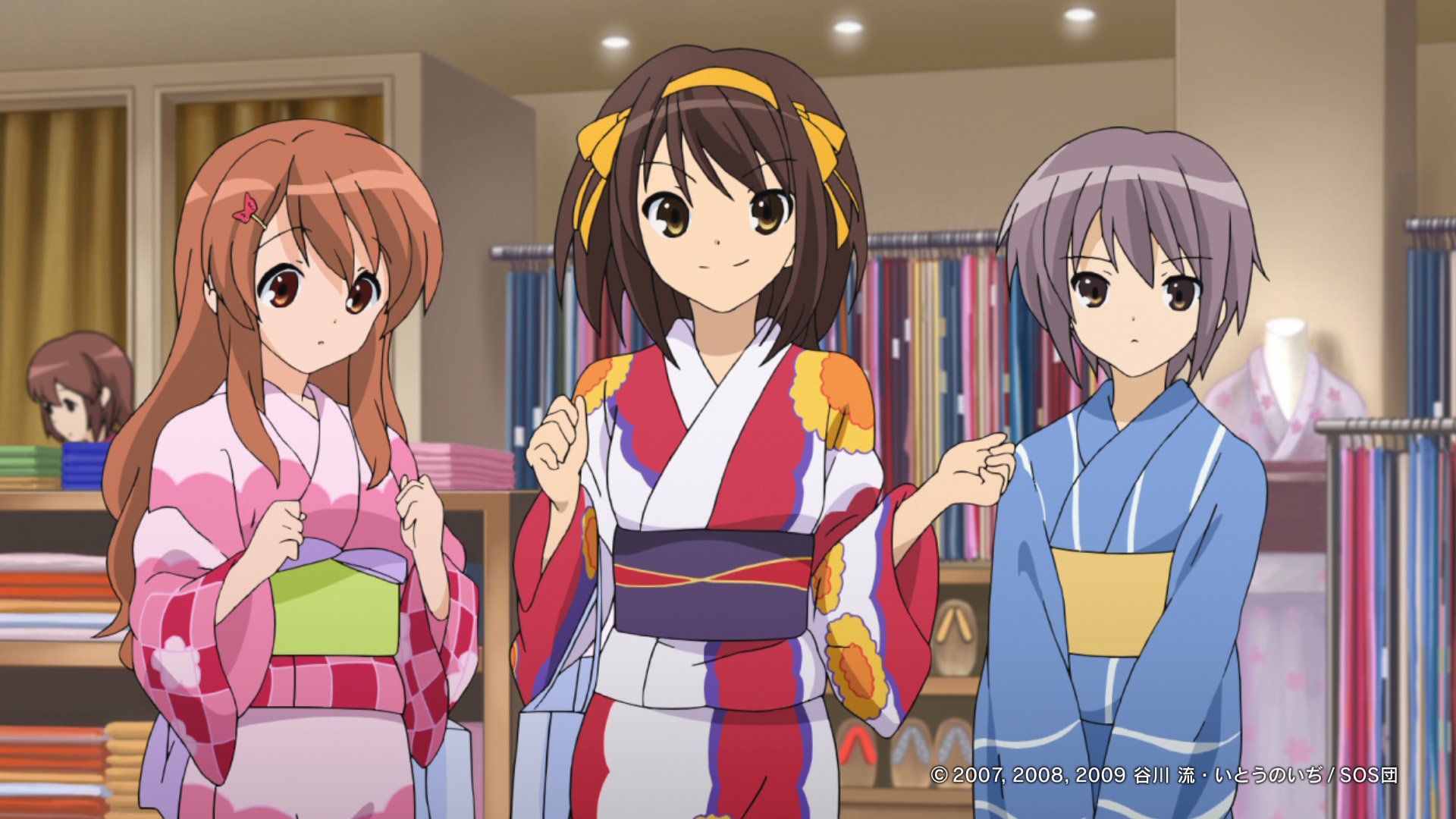 HD desktop wallpaper featuring Yuki Nagato, Mikuru Asahina, and Haruhi Suzumiya from the anime The Melancholy of Haruhi Suzumiya, dressed in colorful traditional attire.