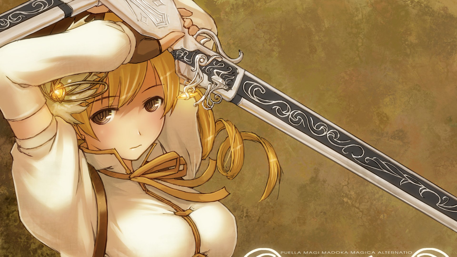 HD anime desktop wallpaper featuring Mami Tomoe from Puella Magi Madoka Magica, holding a decorative sword with a focused expression.