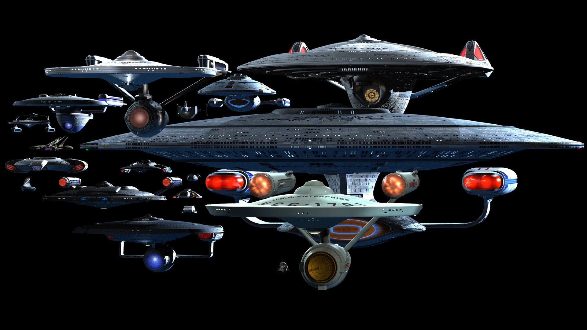 A collection of iconic starships from Star Trek, set against a black background, creating a dynamic sci-fi wallpaper for desktop use.