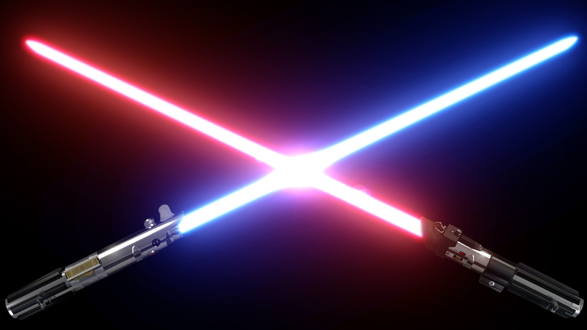 Sci‑Fi Star Wars HD PC desktop wallpaper: two ignited lightsabers—one red, one blue—crossing and creating a bright clash of light against a deep black background.