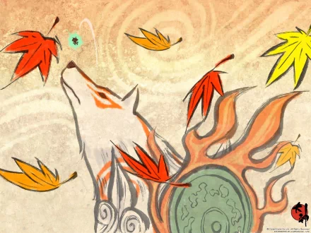 HD desktop wallpaper featuring Amaterasu, the wolf from the video game Ōkami, surrounded by vibrant fall leaves in warm autumn tones.