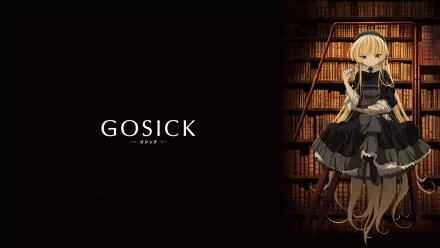 Anime-themed HD desktop wallpaper features a character from Gosick against a dark background, with a backdrop of bookshelves and the title prominently displayed.