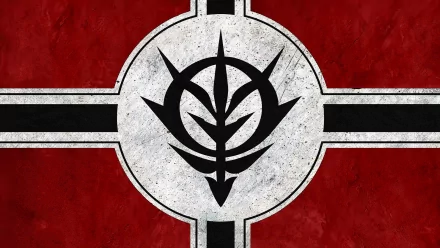A striking HD anime-inspired desktop wallpaper featuring a bold black emblem on a red and white background, reflecting themes from the Gundam series.