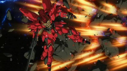 HD anime desktop wallpaper featuring a dynamic scene of Gundam Unicorn, showcasing a red mobile suit in intense battle with fiery explosions in the background.