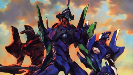 A dynamic HD wallpaper featuring the iconic Evangelion Unit-01, Unit-02, and Unit-00 from the anime Neon Genesis Evangelion, set against a dramatic sky backdrop.
