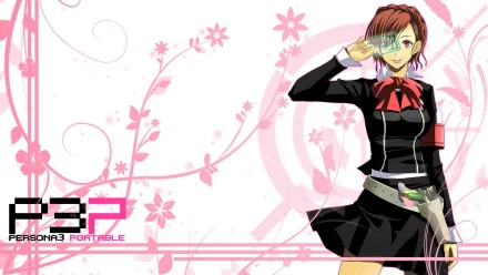 HD PC desktop wallpaper featuring a character from the video game Persona 3 Portable with a pink floral background and the game’s logo.