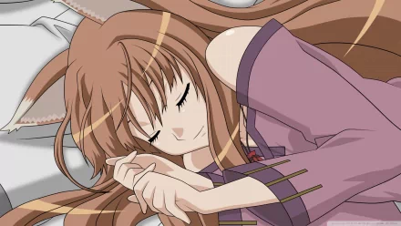 A serene image of a character from the anime Spice and Wolf, peacefully sleeping with long, flowing hair, making for an appealing HD desktop wallpaper.