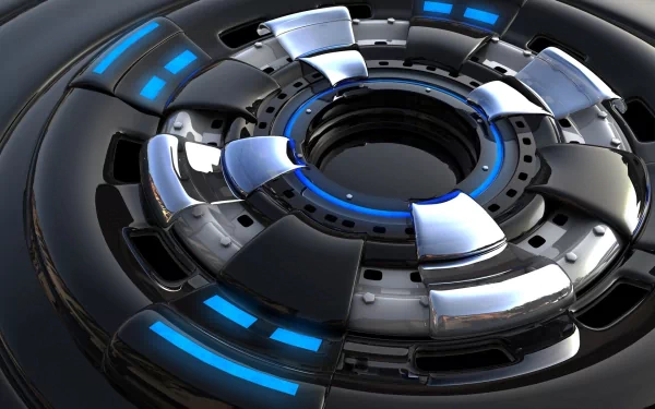HD PC desktop wallpaper showcasing a black, futuristic 3D CGI artwork with sleek metallic and blue illuminated elements in a circular, tech-inspired design.