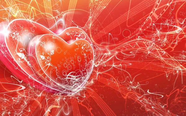 Artistic HD wallpaper featuring a vibrant red background with intricately designed vector hearts, symbolizing love.