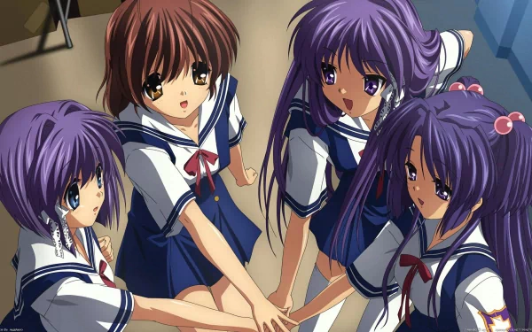 HD anime desktop wallpaper featuring Kotomi Ichinose, Ryou Fujibayashi, Kyou Fujibayashi, and Nagisa Furukawa from Clannad in school uniforms joining hands.