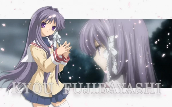 AHD wallpaper featuring Kyou Fujibayashi from the anime Clannad, showcasing her in a serene pose with flowing hair against a dreamy background.
