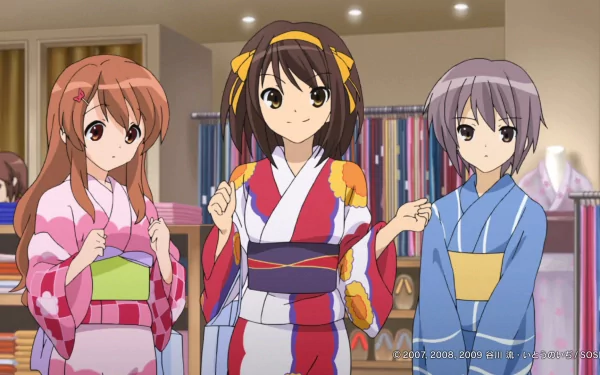 HD desktop wallpaper featuring Yuki Nagato, Mikuru Asahina, and Haruhi Suzumiya from the anime The Melancholy of Haruhi Suzumiya, dressed in colorful traditional attire.