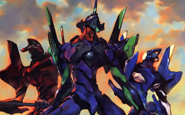 A dynamic HD wallpaper featuring the iconic Evangelion Unit-01, Unit-02, and Unit-00 from the anime Neon Genesis Evangelion, set against a dramatic sky backdrop.