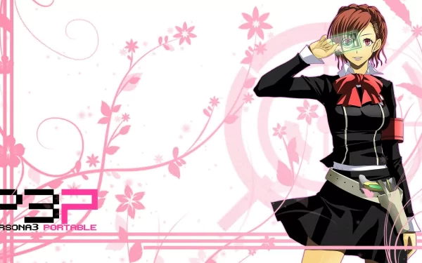 HD PC desktop wallpaper featuring a character from the video game Persona 3 Portable with a pink floral background and the game’s logo.