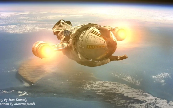 HD PC desktop wallpaper of the Firefly (TV Show) ship Serenity with glowing engines flying above a blue planet.