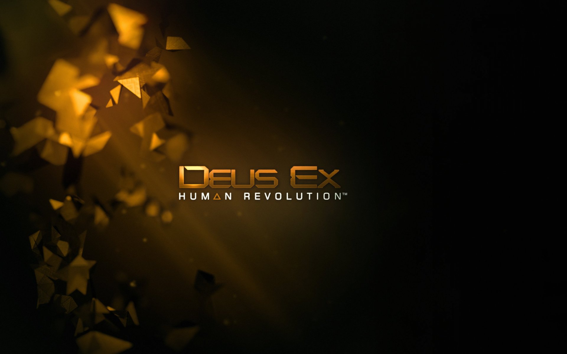 Deus Ex: Human Revolution video game 2K Quad HD PC wallpaper — gold Deus Ex logo centered with abstract fragmented golden shards on a dark background.