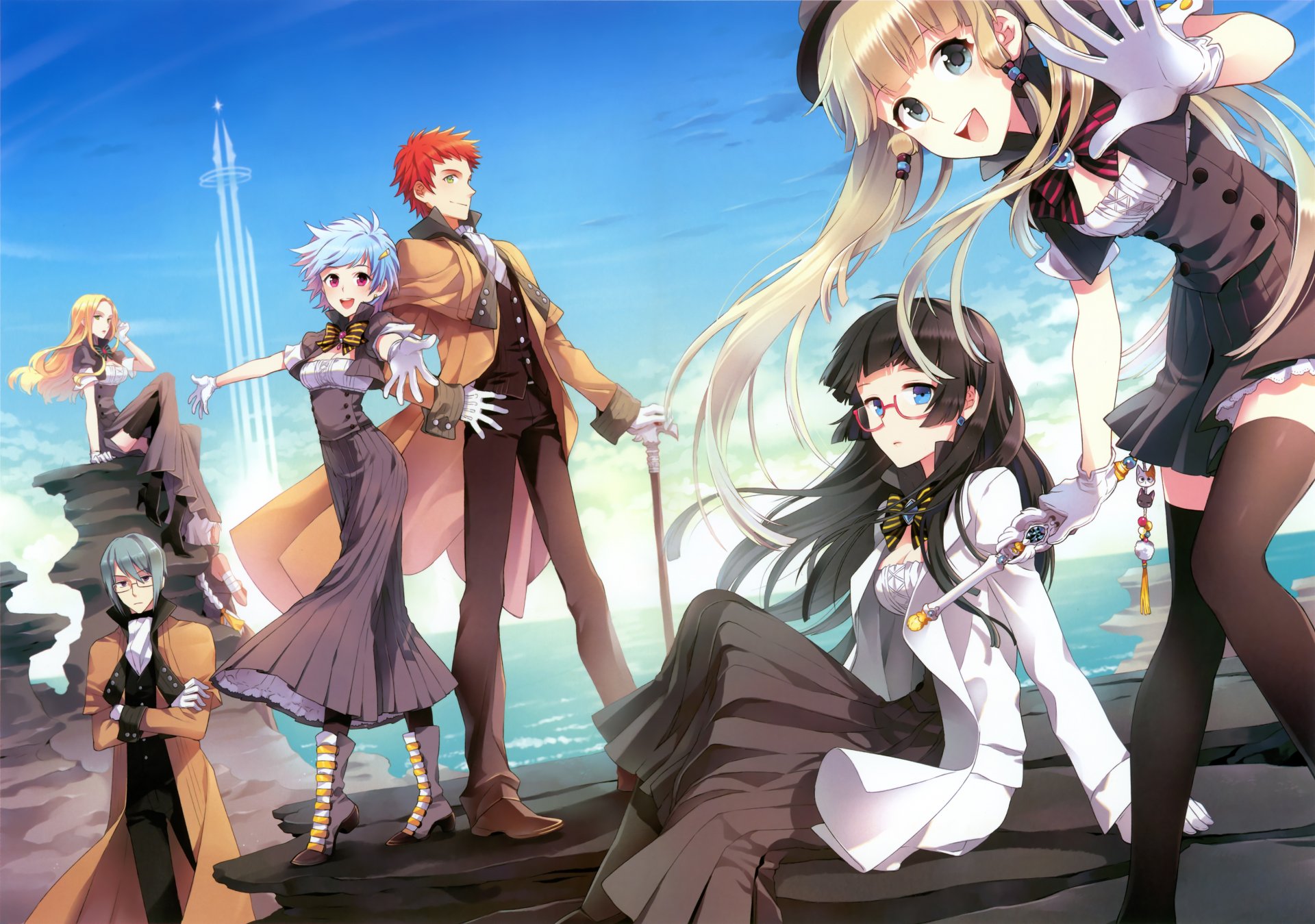 4K Ultra HD PC desktop wallpaper and background: original anime group on a rooftop under a bright sky and distant city; two characters wear glasses.
