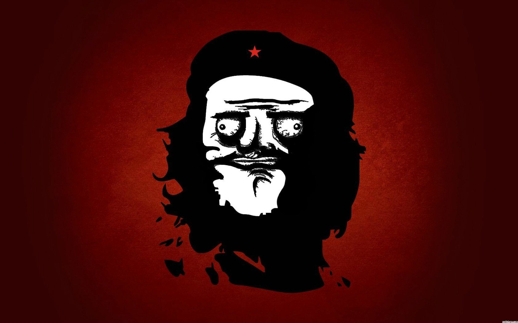 HD PC desktop wallpaper featuring a humorous, exaggerated black-and-white caricature styled like Che Guevara on a red background.