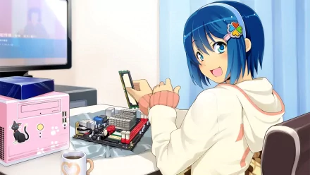 Anime Os-tan character with blue hair assembling PC parts at a desk, smiling at viewer — HD PC desktop wallpaper/background.
