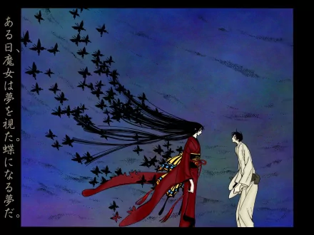 Anime xxxHOLiC HD PC desktop wallpaper: Yūko Ichihara in a flowing red kimono faces Watanuki as her long hair transforms into a swarm of black butterflies against a deep blue sky.