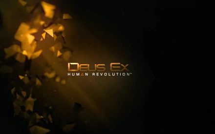 Deus Ex: Human Revolution video game 2K Quad HD PC wallpaper — gold Deus Ex logo centered with abstract fragmented golden shards on a dark background.