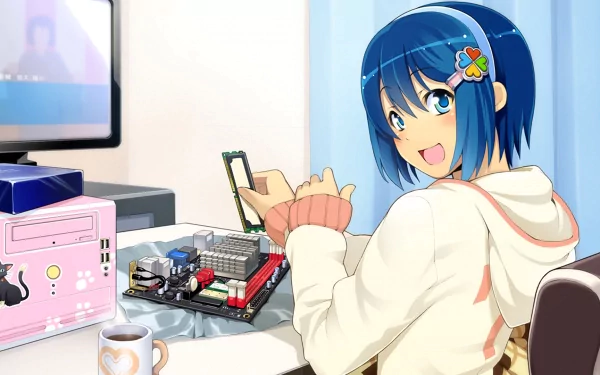 Anime Os-tan character with blue hair assembling PC parts at a desk, smiling at viewer — HD PC desktop wallpaper/background.