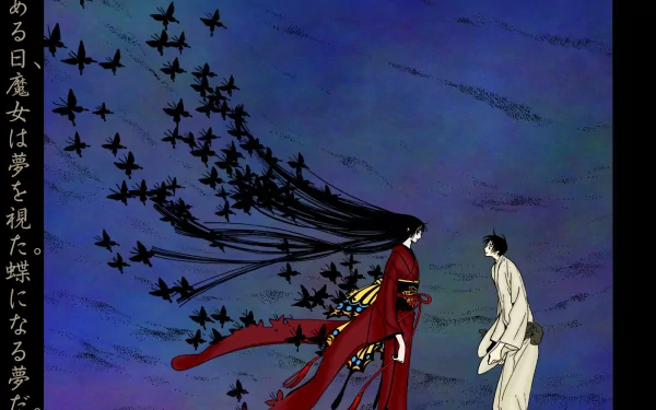 Anime xxxHOLiC HD PC desktop wallpaper: Yūko Ichihara in a flowing red kimono faces Watanuki as her long hair transforms into a swarm of black butterflies against a deep blue sky.