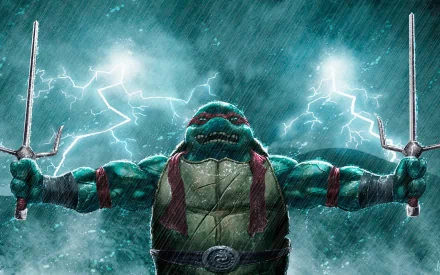 Raphael (TMNT) from the Teenage Mutant Ninja Turtles TV show, HD PC desktop wallpaper: battle-ready Raphael lifts twin sai amid rain and crackling lightning.