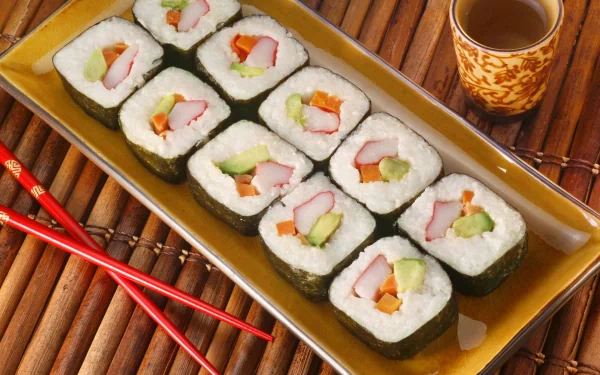 A vibrant HD desktop wallpaper featuring a beautifully arranged platter of sushi rolls with colorful fillings, accompanied by a cup of tea and chopsticks, set against a bamboo backdrop.