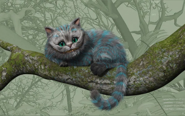 HD desktop wallpaper featuring the Cheshire Cat from the 2010 movie Alice in Wonderland, perched on a mossy tree branch in a misty forest setting.