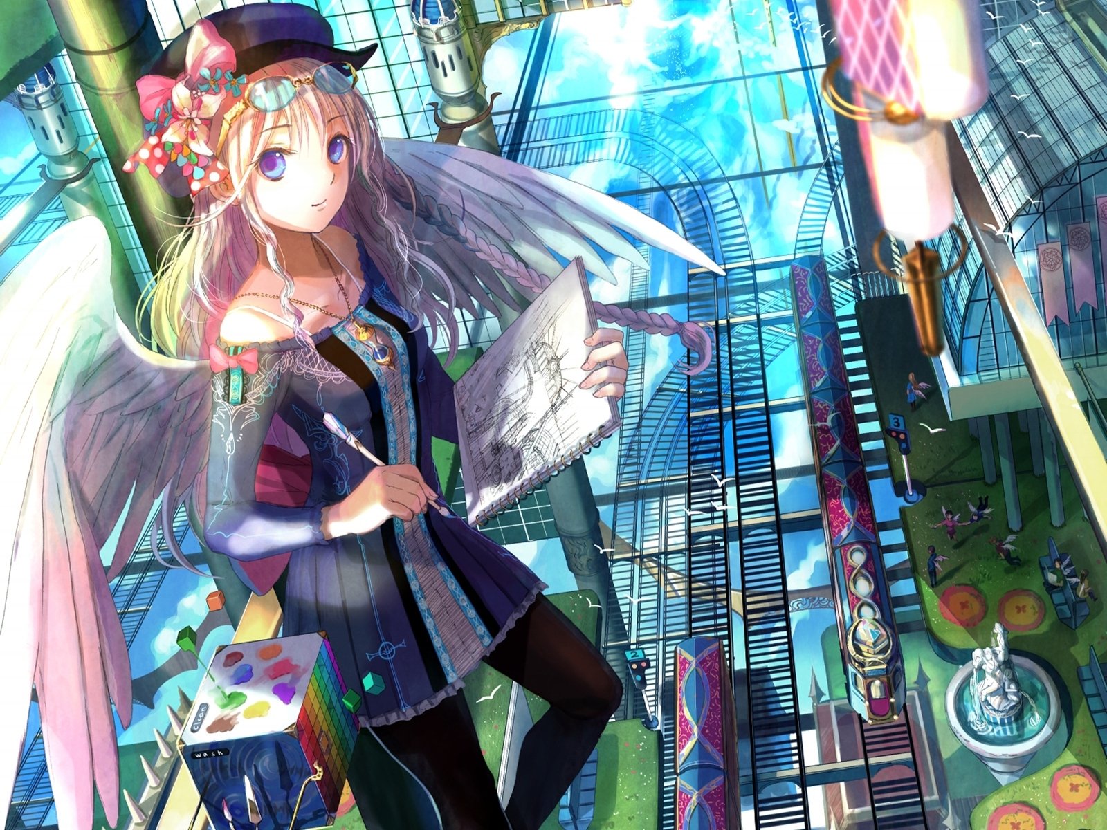 A vibrant anime angel, adorned with wings and creative accessories, sketches in a colorful, artistic environment. This HD wallpaper transforms any desktop with its enchanting imagery.