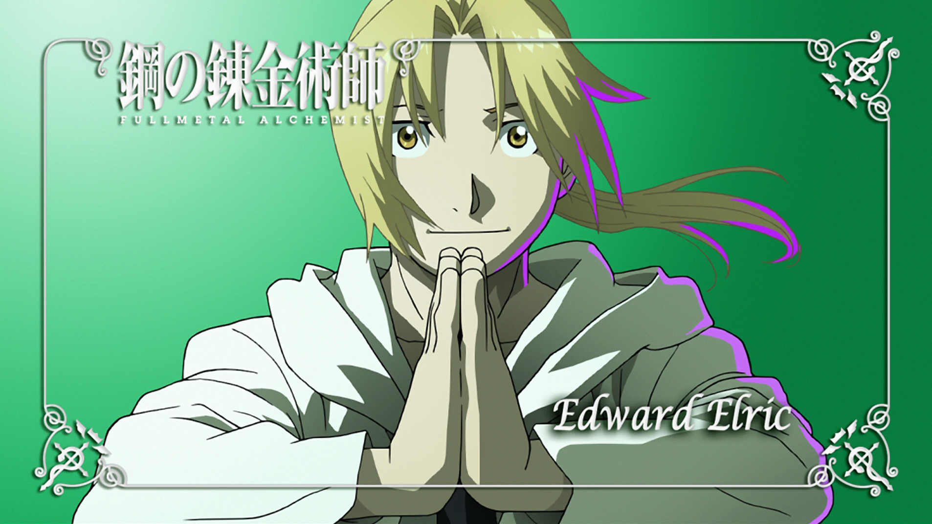 HD anime desktop wallpaper featuring Edward Elric from Fullmetal Alchemist with a green background and the series title in Japanese and English.