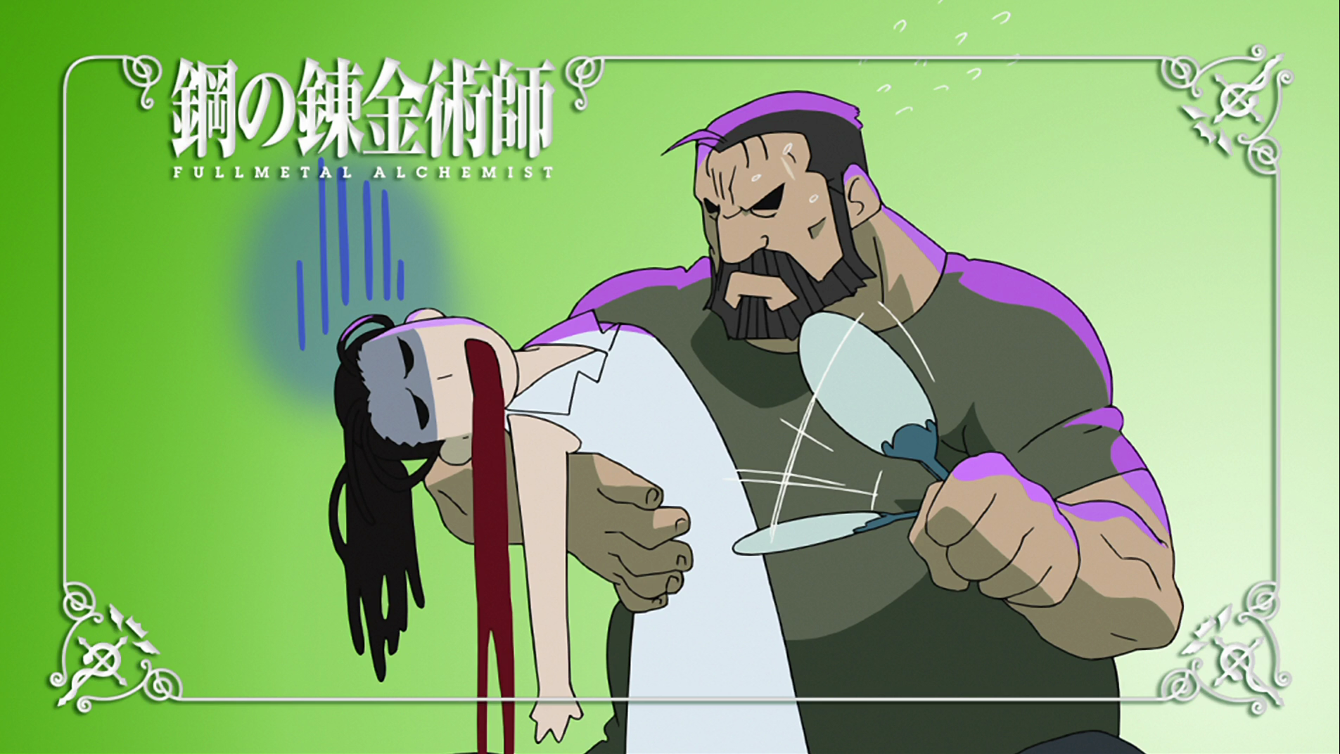 HD anime wallpaper featuring Izumi Curtis holding a bleeding Sig Curtis, from Fullmetal Alchemist, set against a green background.