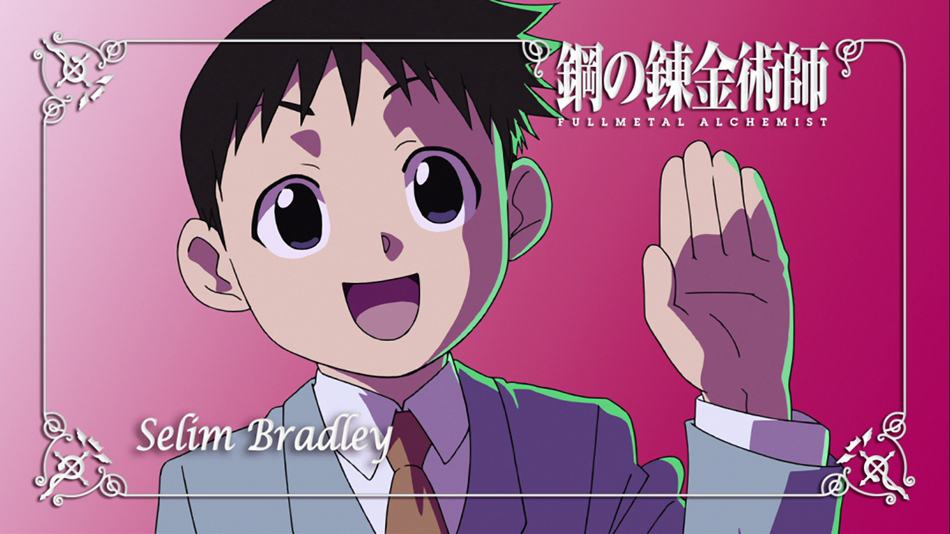 HD anime wallpaper featuring Pride from Fullmetal Alchemist, showing a smiling young Selim Bradley waving against a vibrant purple background.