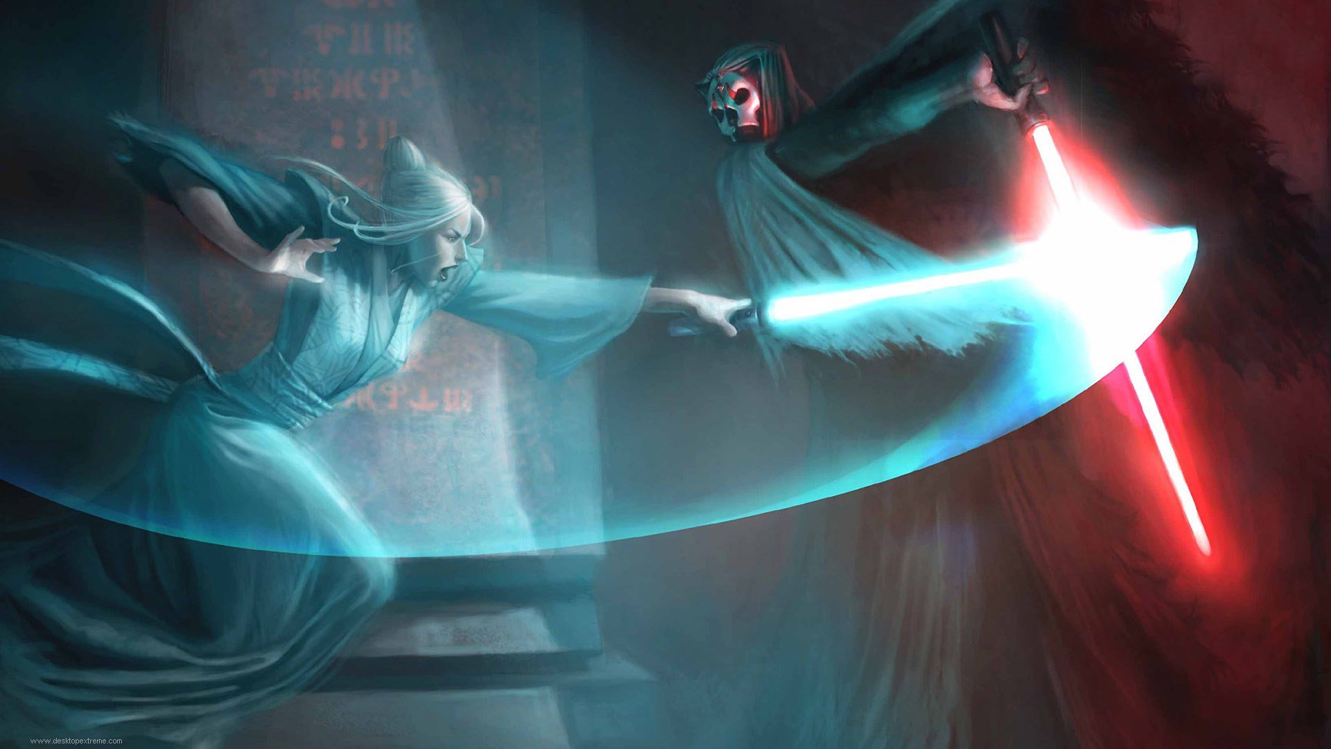 A high-definition wallpaper featuring a dynamic lightsaber duel from Star Wars, showcasing two characters engaged in intense combat with blue and red lightsabers.