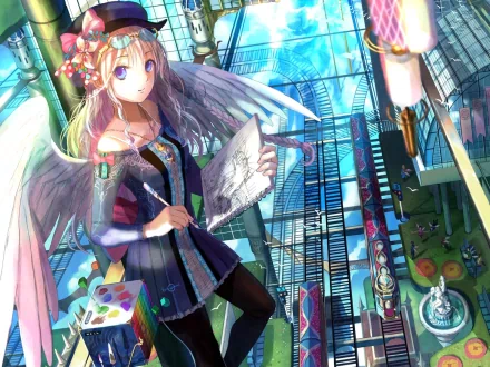 A vibrant anime angel, adorned with wings and creative accessories, sketches in a colorful, artistic environment. This HD wallpaper transforms any desktop with its enchanting imagery.