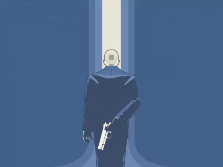 A stylized HD wallpaper featuring a character dressed in a suit, holding a gun, set against a minimalist blue background, inspired by the video game Hitman.