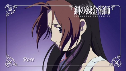 Anime side profile of Rose (Fullmetal Alchemist) against a purple gradient; ornate border and Fullmetal Alchemist logo on an HD PC desktop wallpaper.
