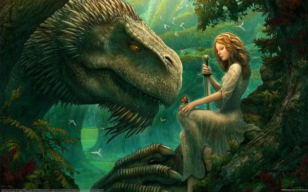 HD fantasy wallpaper featuring a serene woman warrior seated on a giant creature's hand in a lush, mystical forest.