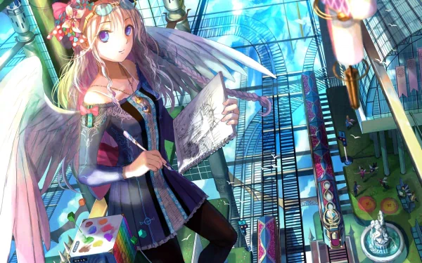 A vibrant anime angel, adorned with wings and creative accessories, sketches in a colorful, artistic environment. This HD wallpaper transforms any desktop with its enchanting imagery.
