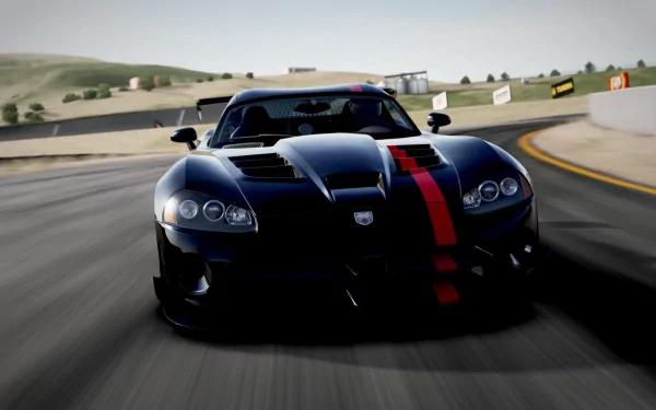 A sleek black sports car with a red stripe races around a winding track, captured in stunning HD. This dynamic image serves as a striking PC desktop wallpaper and background.
