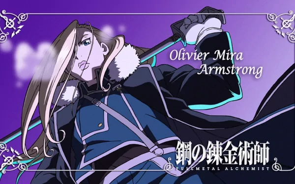 HD wallpaper featuring Olivier Mira Armstrong from the anime Fullmetal Alchemist, showcasing her striking character design against a vibrant purple background.