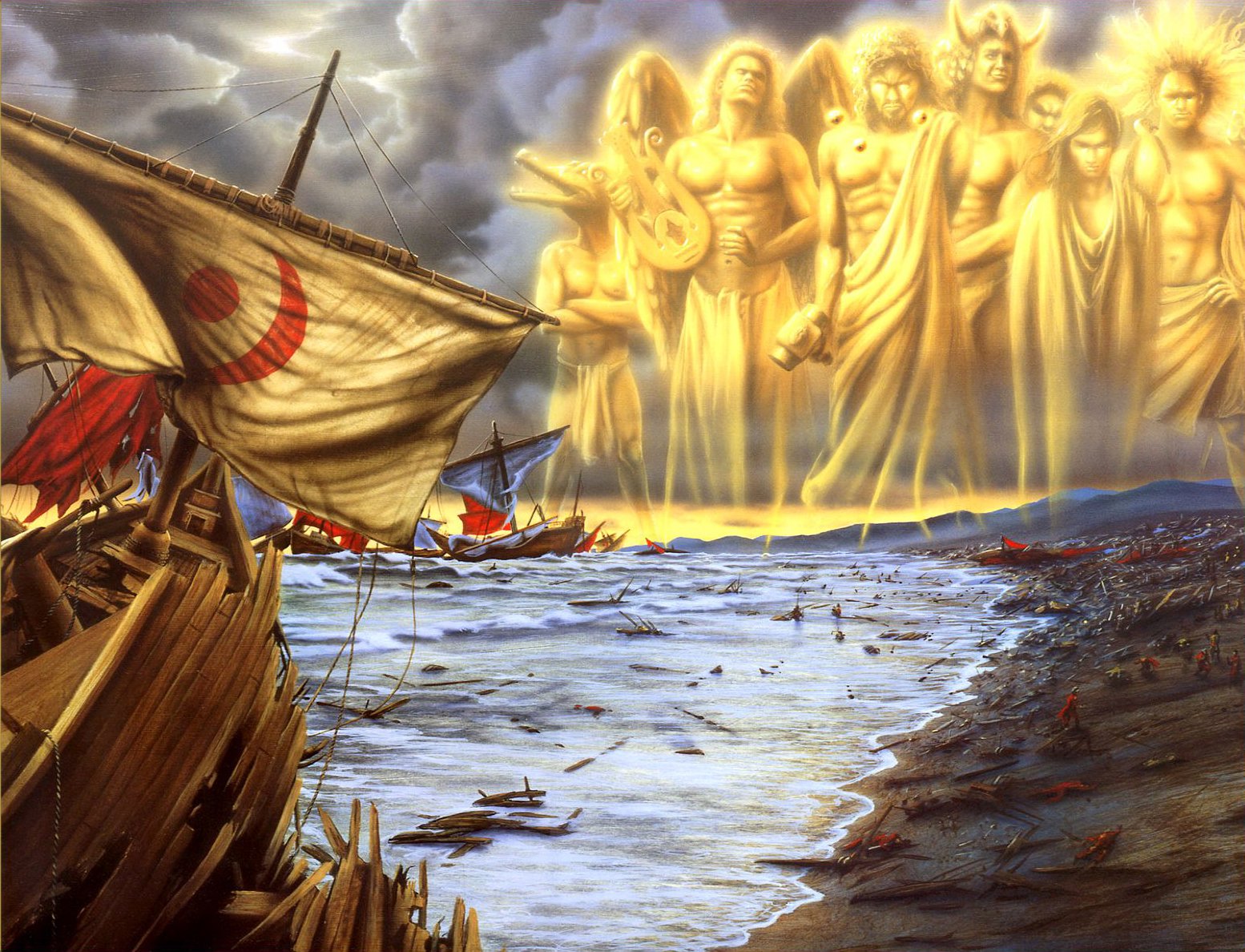 HD fantasy desktop wallpaper depicting a fleet of ships approaching a shore illuminated by towering, glowing golden gods in the sky.