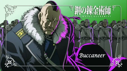 HD anime wallpaper featuring Buccaneer from Fullmetal Alchemist, showcasing his intense expression with soldiers in the background and the series title in Japanese and English.