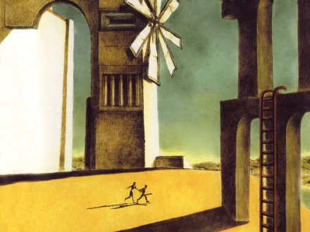 A striking HD wallpaper inspired by the video game Ico, featuring two characters against an abstract landscape dominated by towering structures and a prominent windmill.