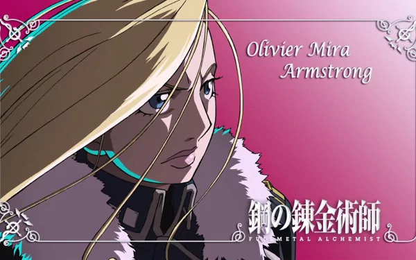HD PC desktop wallpaper featuring Olivier Mira Armstrong from the anime Fullmetal Alchemist, set against a pink background with decorative borders.