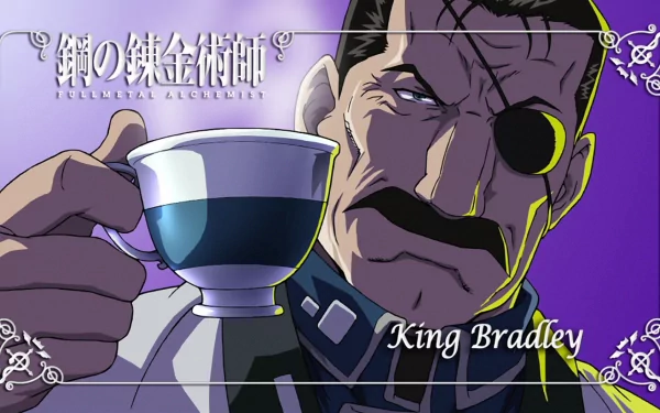 An HD wallpaper featuring King Bradley from Fullmetal Alchemist, showcasing his intense expression as he holds a cup, set against a vibrant purple background.