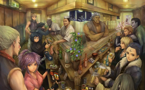 A vibrant HD desktop wallpaper featuring characters from the anime Hunter x Hunter, depicting the Phantom Troupe gathered in a lively bar setting.